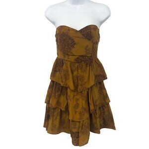 Moulinette Souers 100% Silk Floral Print Ruffle Strapless Mini Dress Brown 0